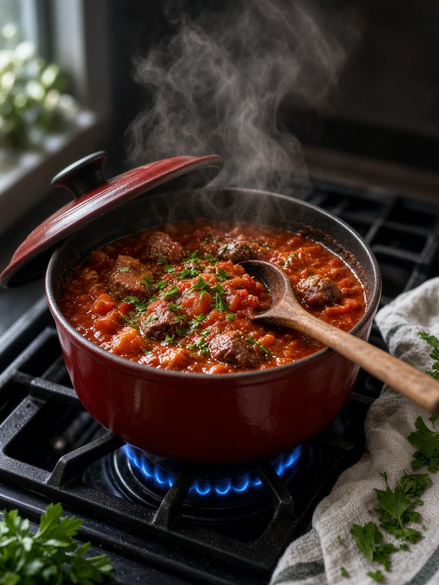 A red enameled Dutch oven of steaming stew with a wooden spoon on a gas stovetop, parsley and a linen towel beside it