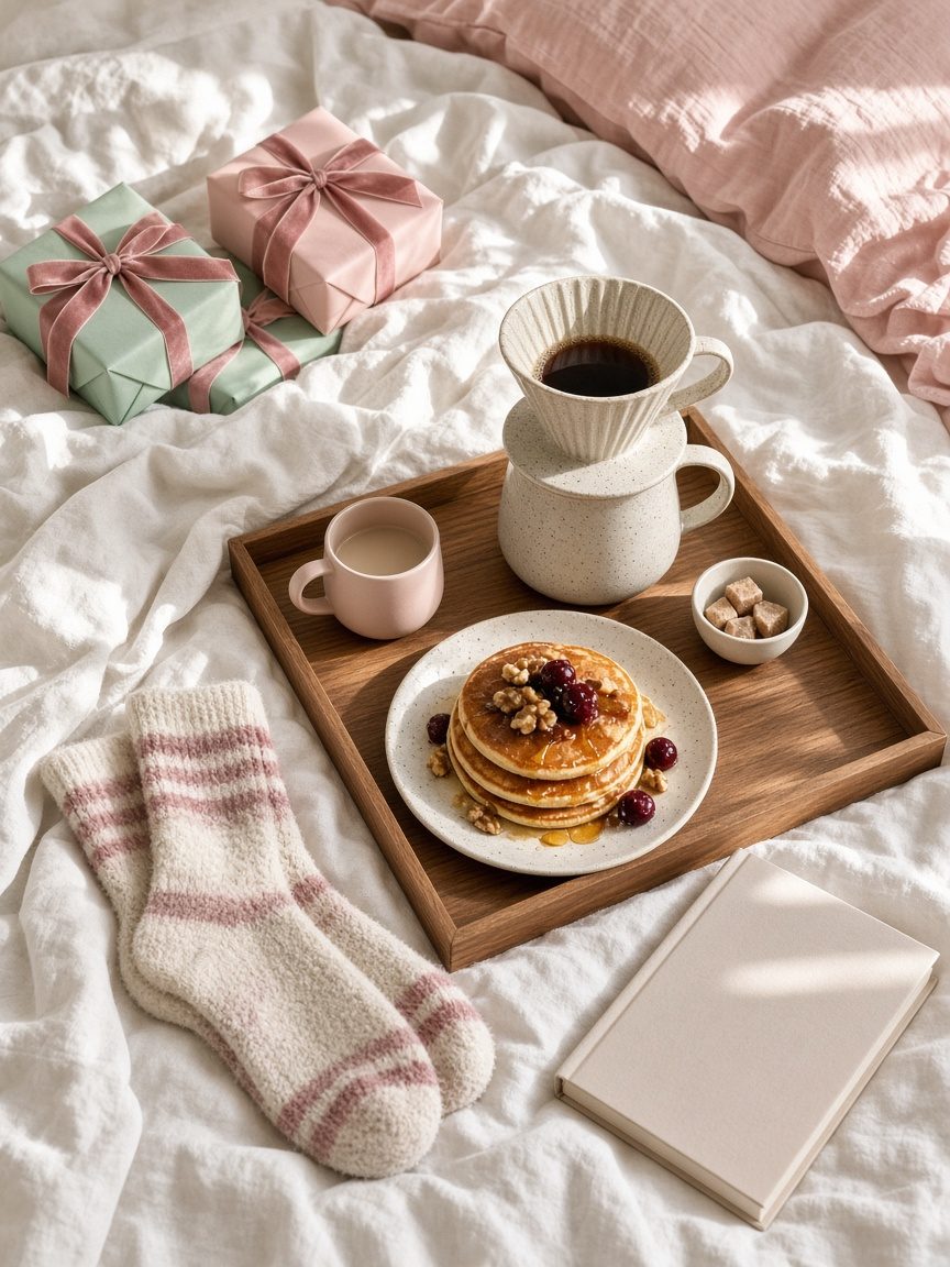 A breakfast tray with pour-over coffee and pancakes on a sunny white bed, with cozy socks, a book and pastel-wrapped gifts