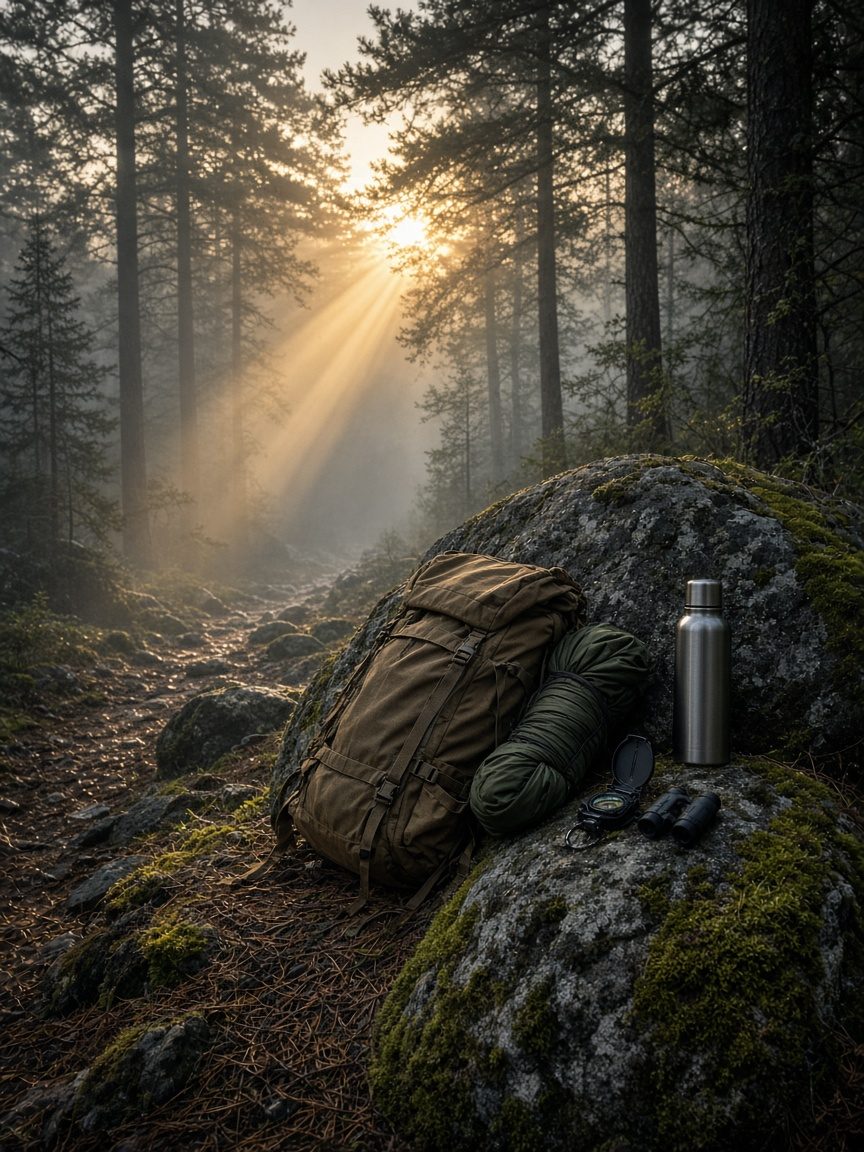 A canvas backpack, coiled hammock, steel bottle, compass and binoculars on a mossy boulder beside a misty forest trail at sunrise