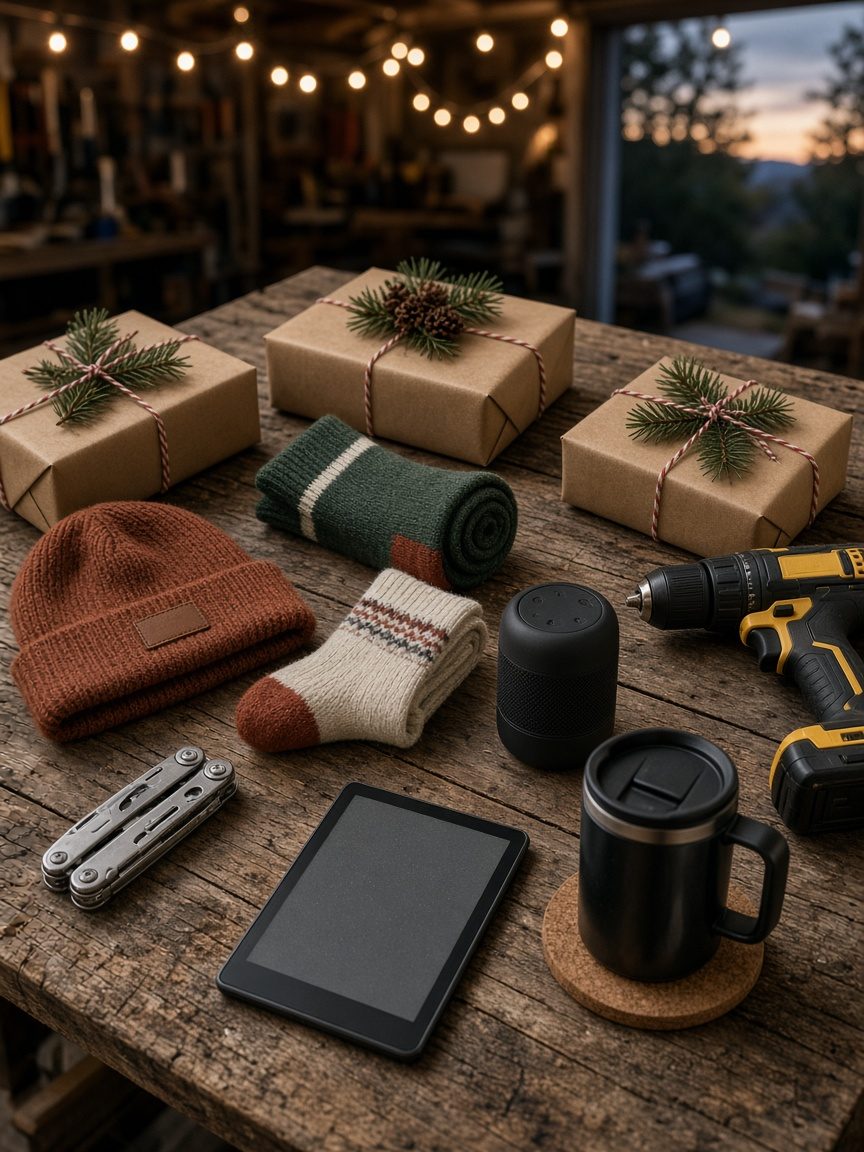 Kraft-paper wrapped gifts with pine sprigs beside a multitool, knit beanie, wool socks, small speaker, e-reader, heated mug and cordless drill on a workshop bench