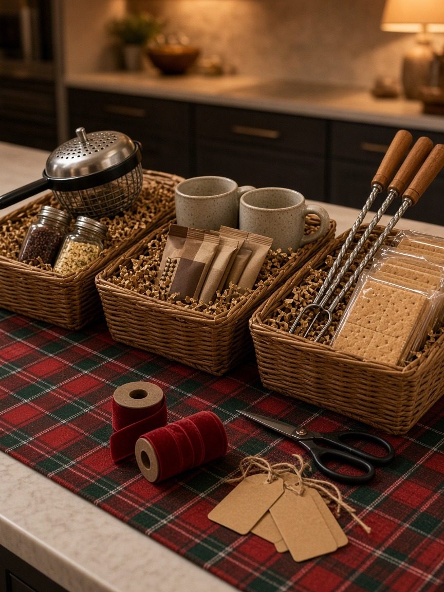 Three wicker gift baskets on a plaid table runner, one with a popcorn popper and seasonings, one with mugs, a coffee press and cocoa, and one with a sherpa throw, roasting sticks and marshmallows