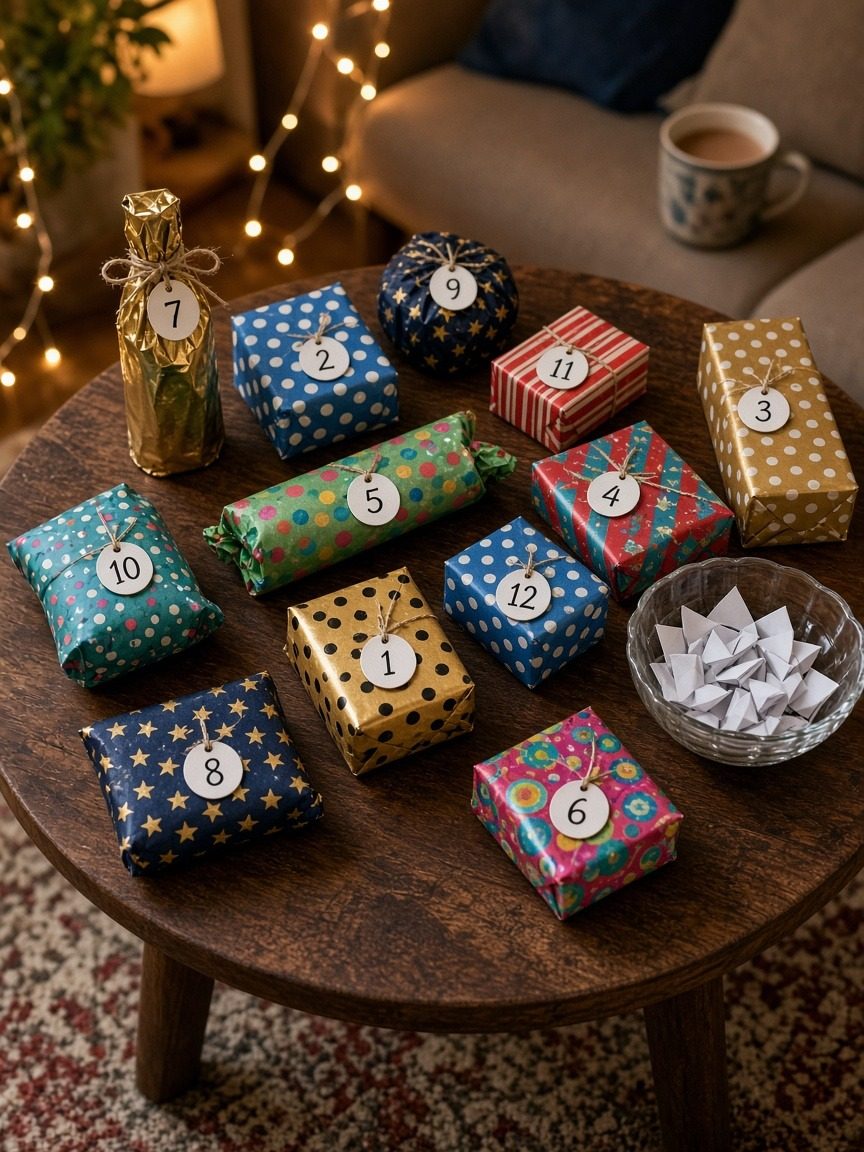 Colorful numbered wrapped gifts piled on a round wooden coffee table with a bowl of folded paper slips, ready for a white elephant gift swap